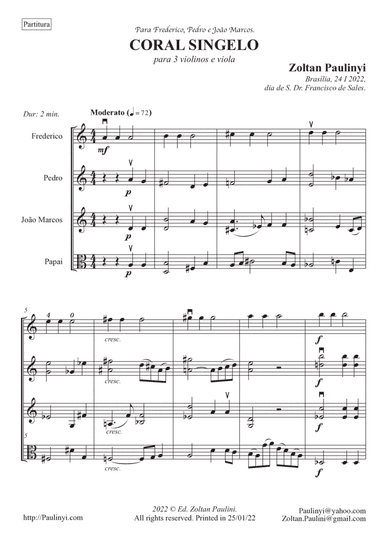 Coral Singelo, for 3 violins and viola (1st easy violin, the others intermediate). Strings quartet.