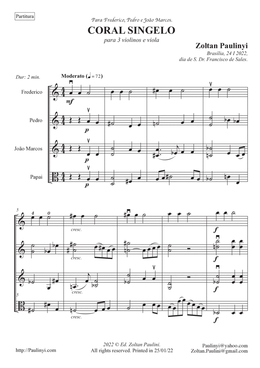 Coral Singelo, for 3 violins and viola (1st easy violin, the others intermediate). Strings quartet.