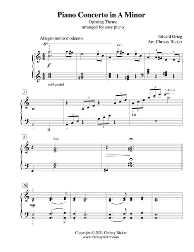 Piano Concerto in A Minor (opening theme) - easy piano (arr. Chrissy Ricker)
