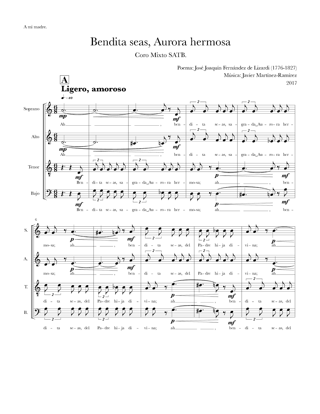 Bendita seas, Aurora hermosa for mixed choir (SATB)
