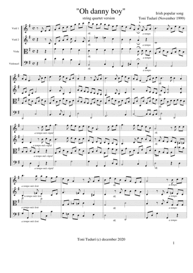 "Oh danny boy" - Irish popular song - version for string quartet - Score (arr. Antonio Tudurí)