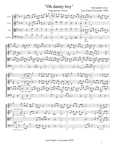 "Oh danny boy" - Irish popular song - version for string quartet - Score (arr. Antonio Tudurí)