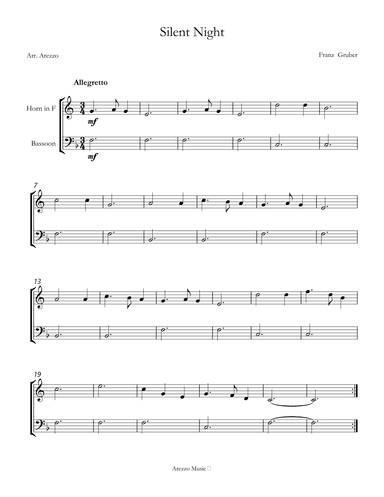 Silent Night carol for beginners sheet music for Horn and Bassoon (arr. Arezzo Music)