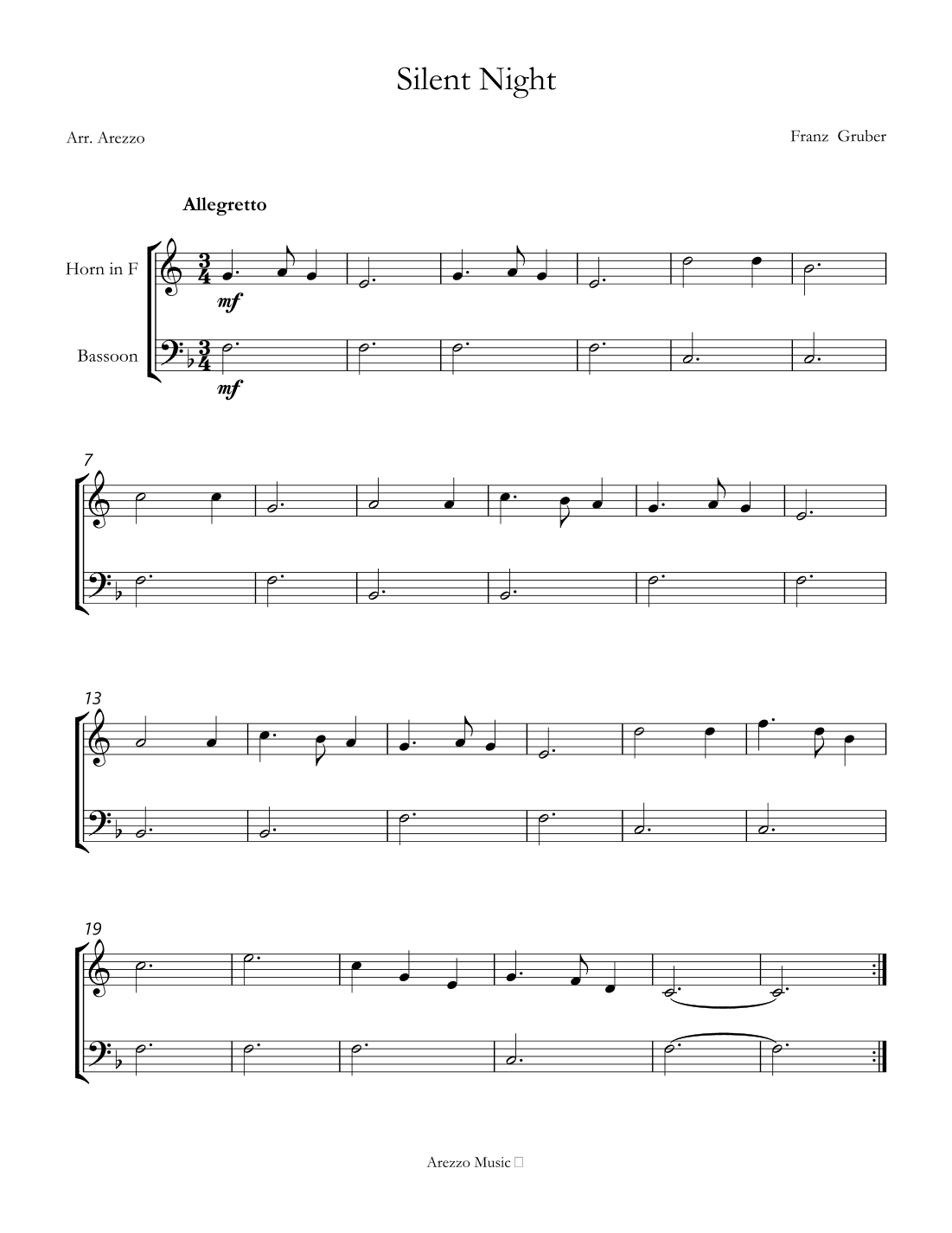 Silent Night carol for beginners sheet music for Horn and Bassoon (arr. Arezzo Music)