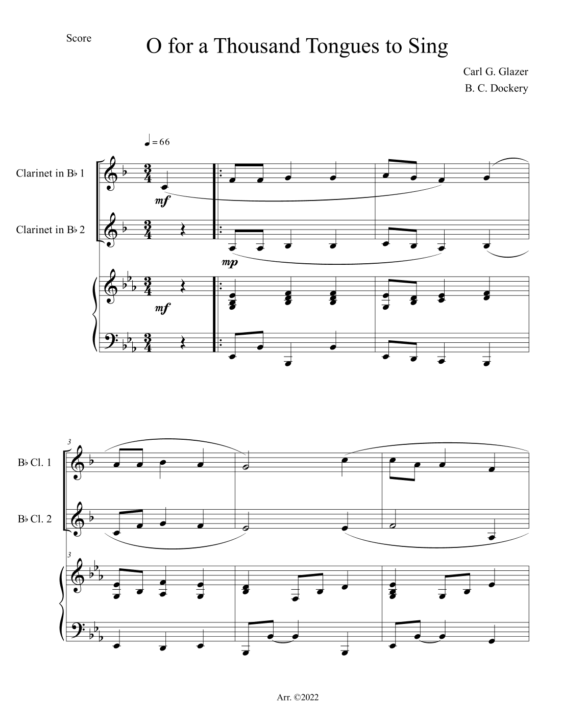O For a Thousand Tongues to Sing (Clarinet Duet with Piano Accompaniment) (arr. B. C. Dockery)