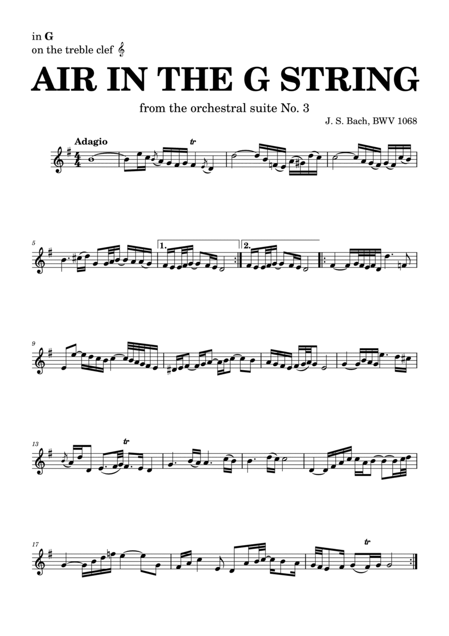 Air on the G string in D, BWV 1068 (accompanied) - for G instruments in treble clef (arr. Leyandder Trustworthy)