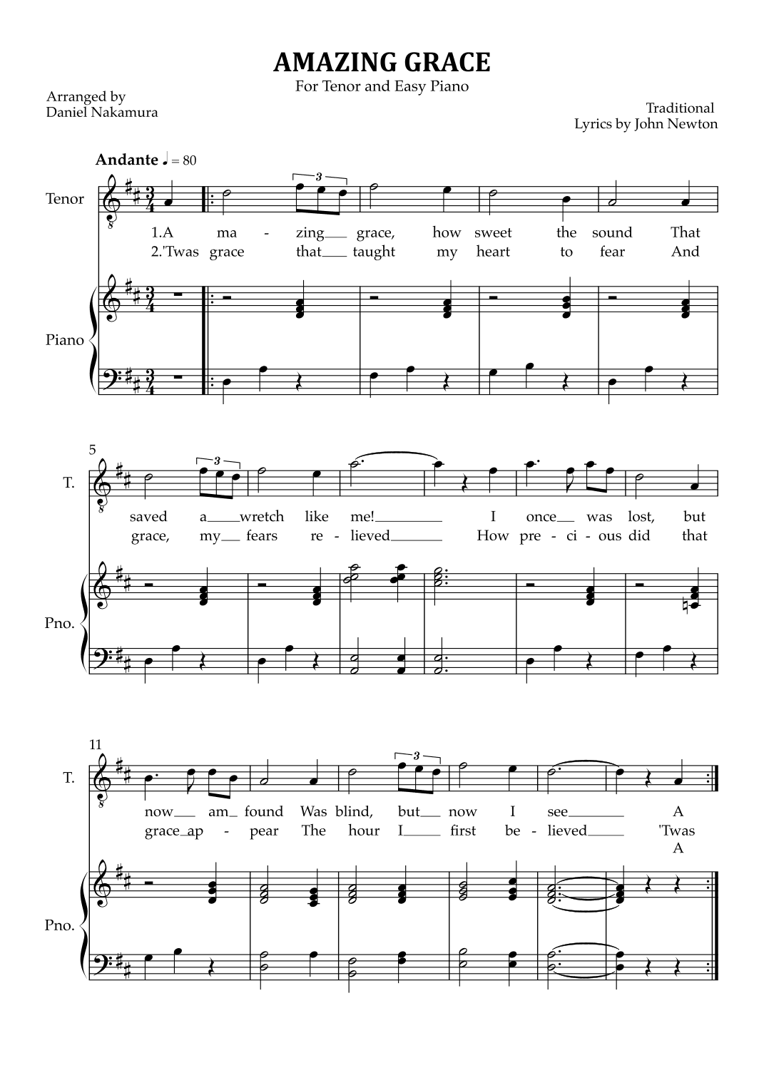 Amazing Grace (for tenor vocal with easy piano) (arr. Daniel Nakamura)