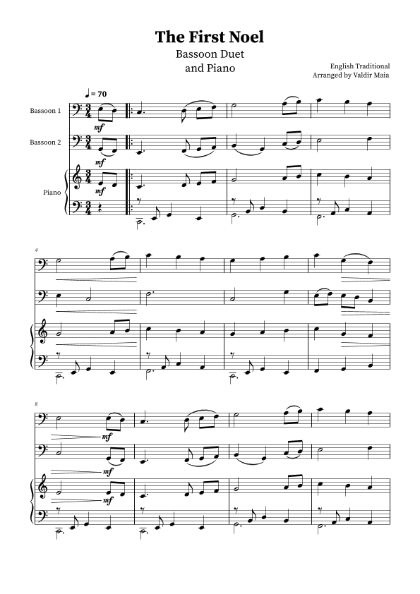 The First Noel - Bassoon Duet and Piano (arr. Valdir Maia)