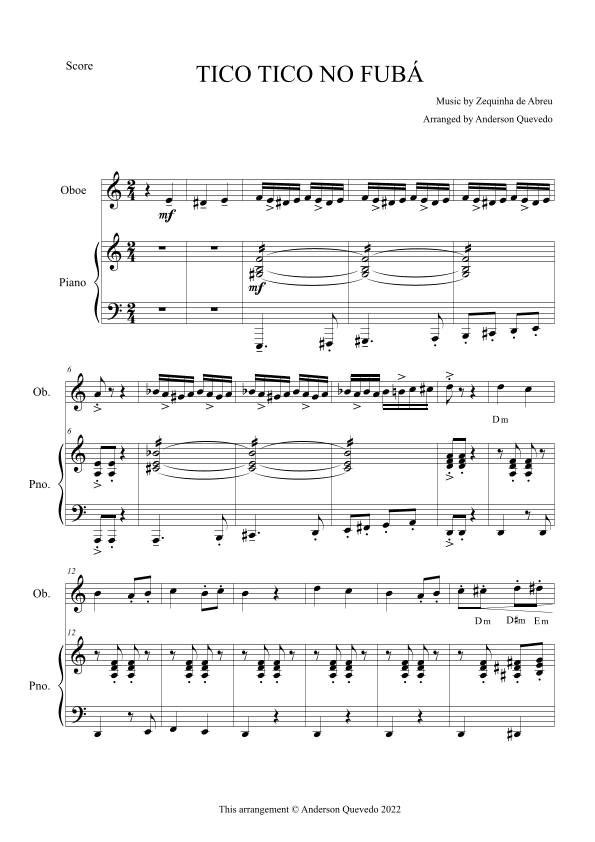 Tico Tico no Fubá by Zequinha de Abreu for Oboe & Piano Duo (arr. Anderson Quevedo)