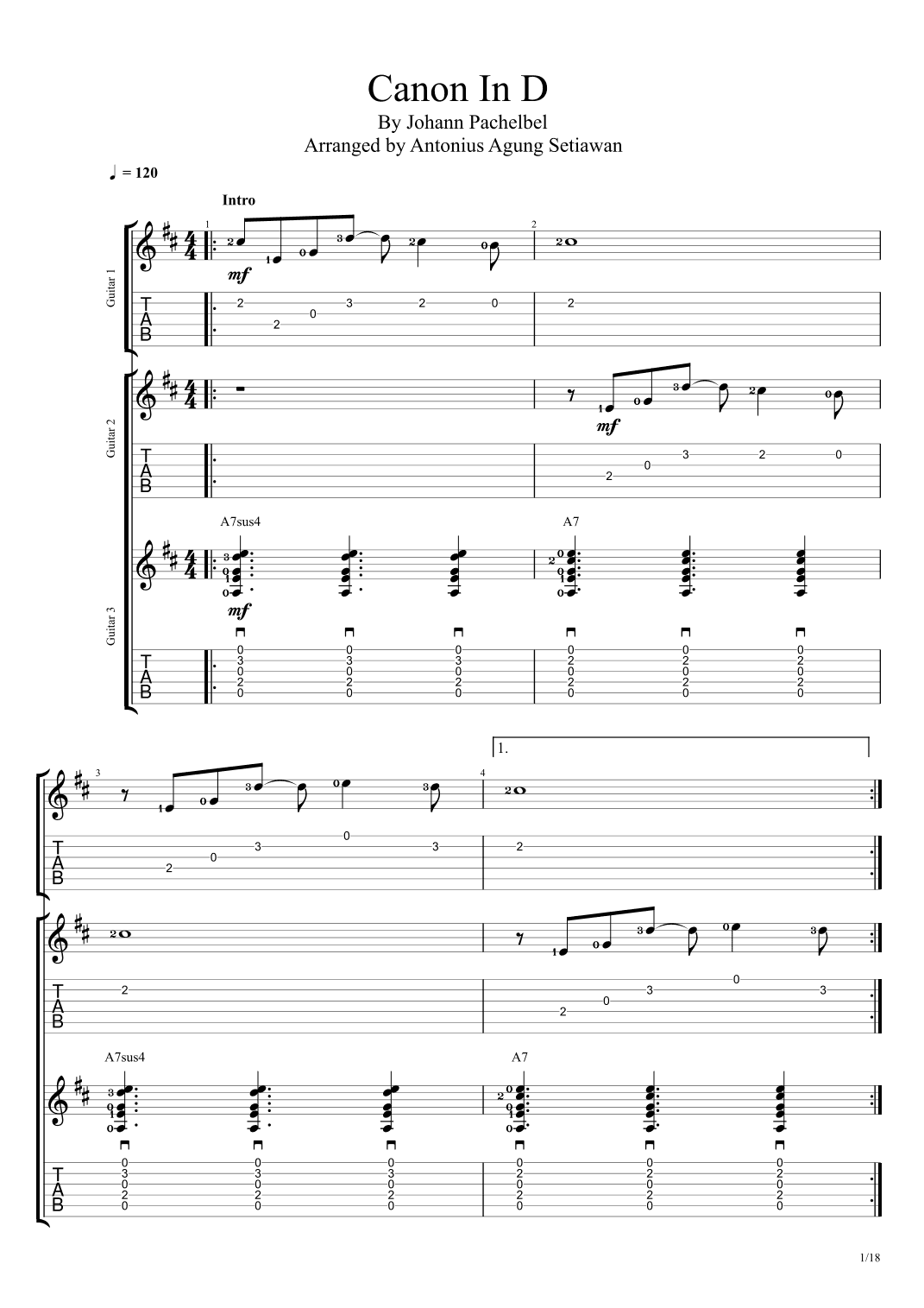 Canon In D (Trio Guitar Tablature) (arr. Antonius Agung Setiawan)