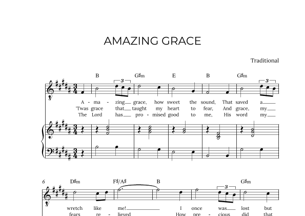 AMAZING GRACE - for piano and tenor in B major with chords (arr. Alex Nunes Rodrigues)