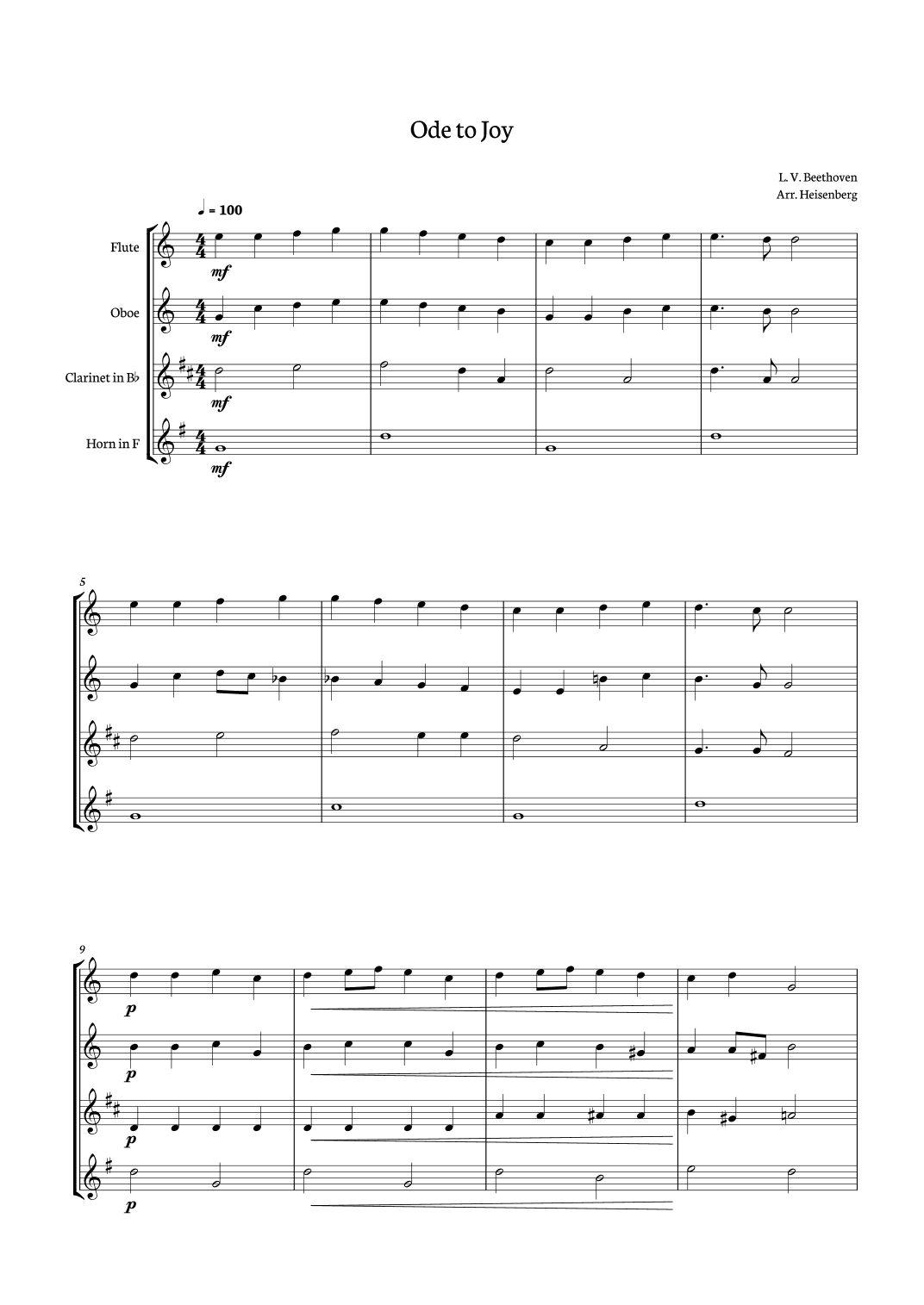 Ode to Joy for Woodwind quartet. (arr. Heisenberg)