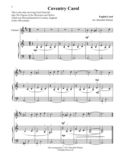 Christmas Duets for Clarinet & Piano:  Coventry Carol (arr. Meredith Whelan)