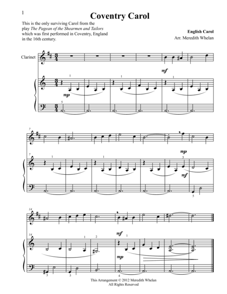 Christmas Duets for Clarinet & Piano:  Coventry Carol (arr. Meredith Whelan)