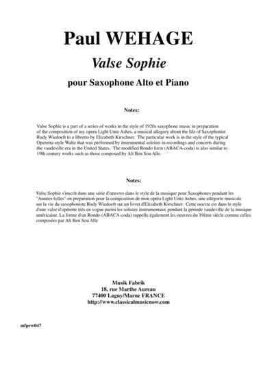 Paul Wehage: Valse Sophie for alto saxophone and piano