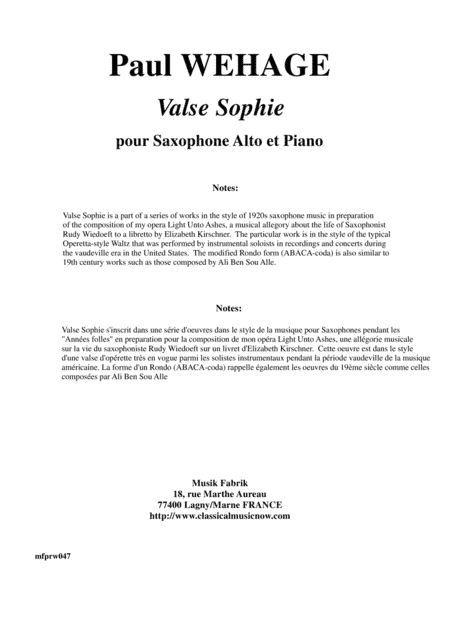 Paul Wehage: Valse Sophie for alto saxophone and piano