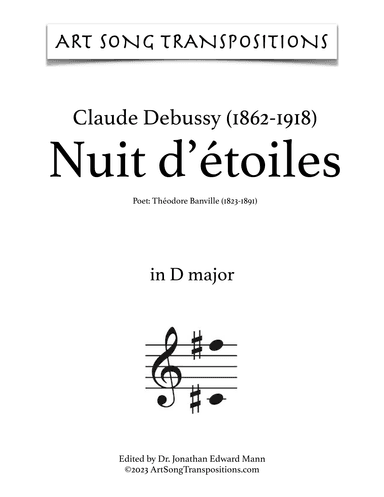 DEBUSSY: Nuit d'étoiles (transposed to D major) (arr. ArtSongTranspositions.com)