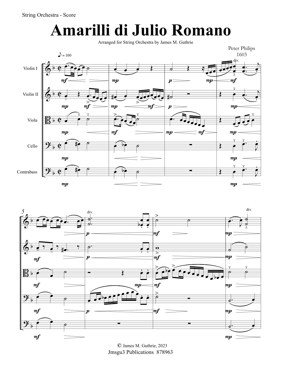 Philips: Amarilli di Julio Romano for String Orchestra (arr. James M. Guthrie)