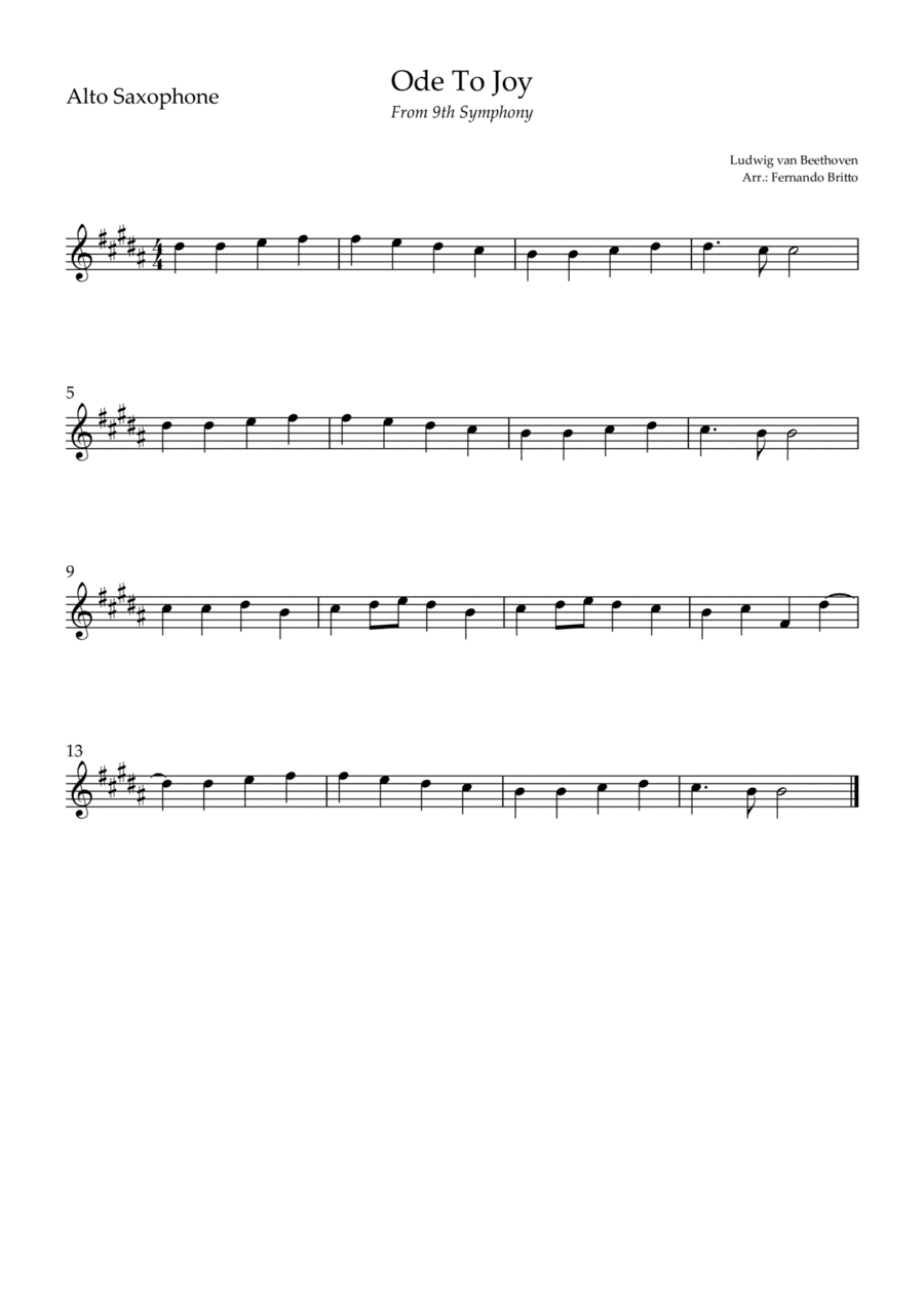 Ode To Joy (from Beethoven's 9th Symphony) for Alto Saxophone Solo (arr. Fernando Britto)