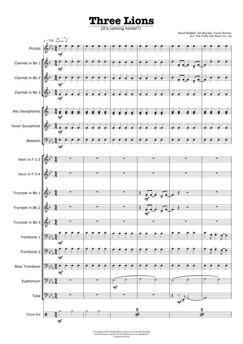 Three Lions (arr. The Fluffy Hat Music Co.)