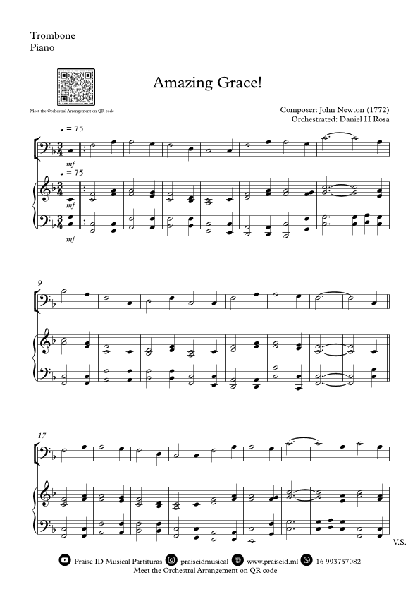 Amazing Grace How Sweet the sound - Easy Trombone and Piano (arr. Daniel H Rosa)