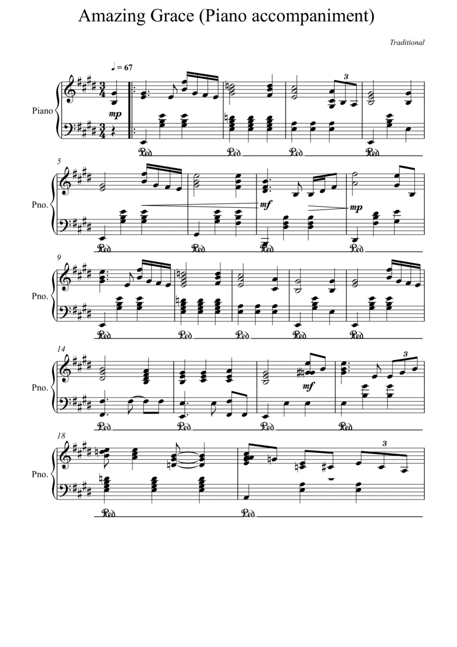 Amazing Grace Piano accompaniment - E Major (arr. Albert van Niasky)