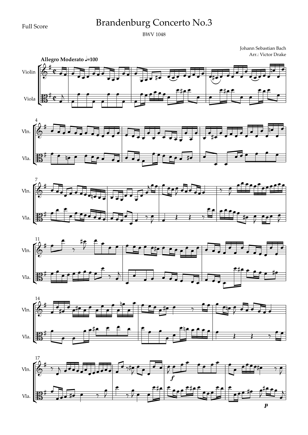 Brandenburg Concerto No. 3 in G major, BWV 1048 1st Mov. (J.S. Bach) for Violin & Viola (arr. Victor Drake)