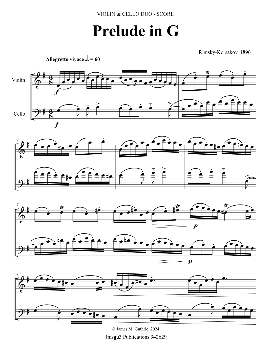 Rimsky-Korsakov: Prelude in G for Violin & Cello (arr. James M. Guthrie)