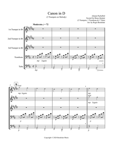 Canon in D (Pachelbel) (D) (Brass Quintet - 3 Trp, 1 Trb, 1 Tuba) (3 Trp lead) (arr. Regis Bookshar)
