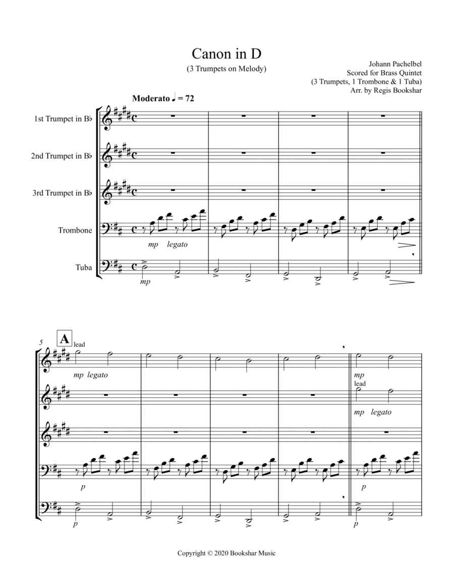 Canon in D (Pachelbel) (D) (Brass Quintet - 3 Trp, 1 Trb, 1 Tuba) (3 Trp lead) (arr. Regis Bookshar)