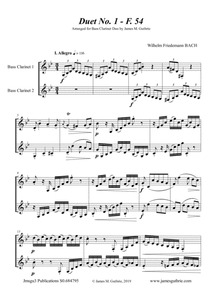 WF Bach: The Six Duets Complete for Bass Clarinet Duo (arr. James M. Guthrie, ASCAP)