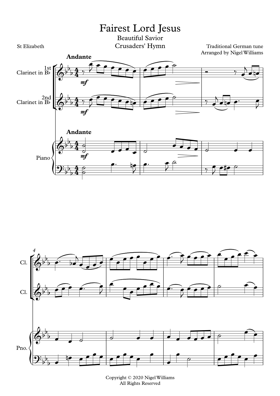 Fairest Lord Jesus (Beautiful Savior, Crusaders' Hymn), for Clarinet Duet and Piano (arr. Nigel Williams)
