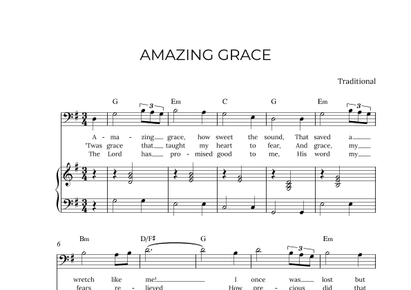 AMAZING GRACE - for piano and baritone in G major with chords (arr. Alex Nunes Rodrigues)