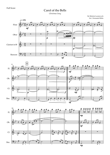 Carol of The Bells - Jazz Version (Christmas Song) for Woodwind Quartet (arr. Fabio Britto)