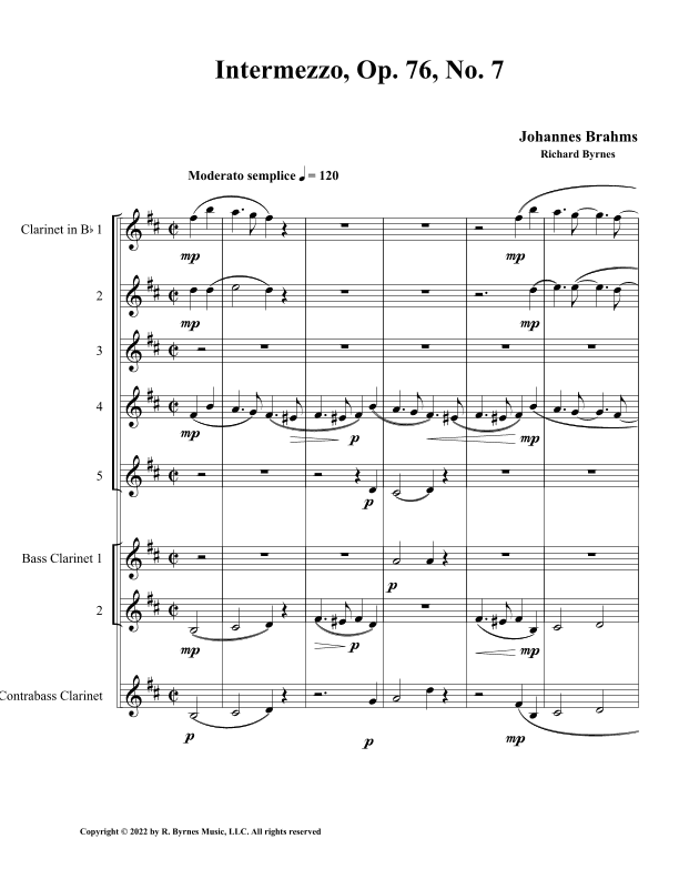 Intermezzo, Op. 76, No. 7 (Clarinet Octet) (arr. Richard Byrnes)