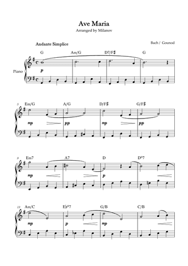 Ave Maria Bach Gounod in G Easy Intermediate Piano Chord (arr. Milanov)