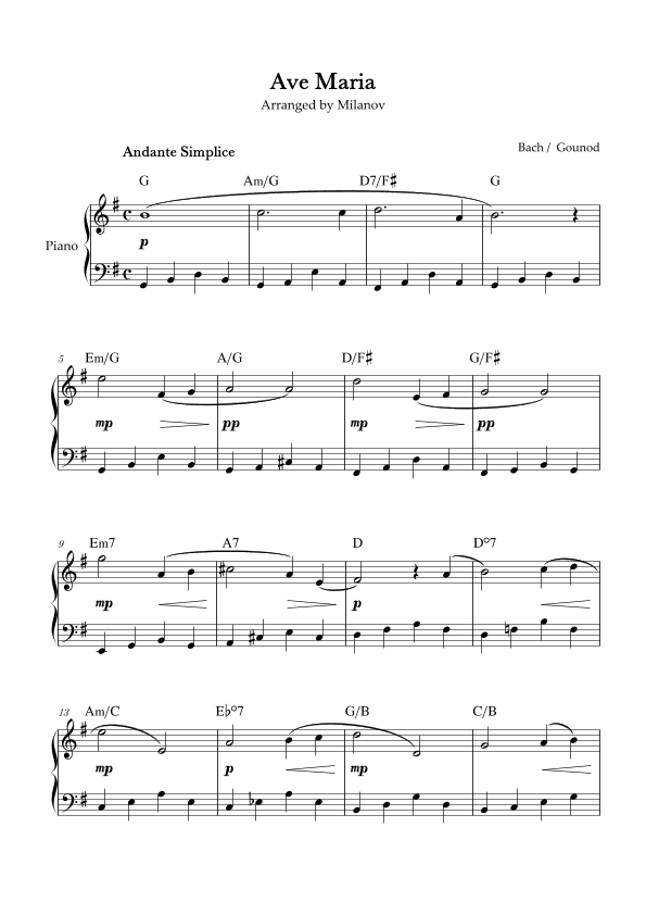 Ave Maria Bach Gounod in G Easy Intermediate Piano Chord (arr. Milanov)