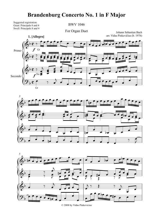 Brandenburg Concerto No. 1 in F Major, BWV 1046 by J.S. Bach (Organ Duet) (arr. Vidas Pinkevicius)