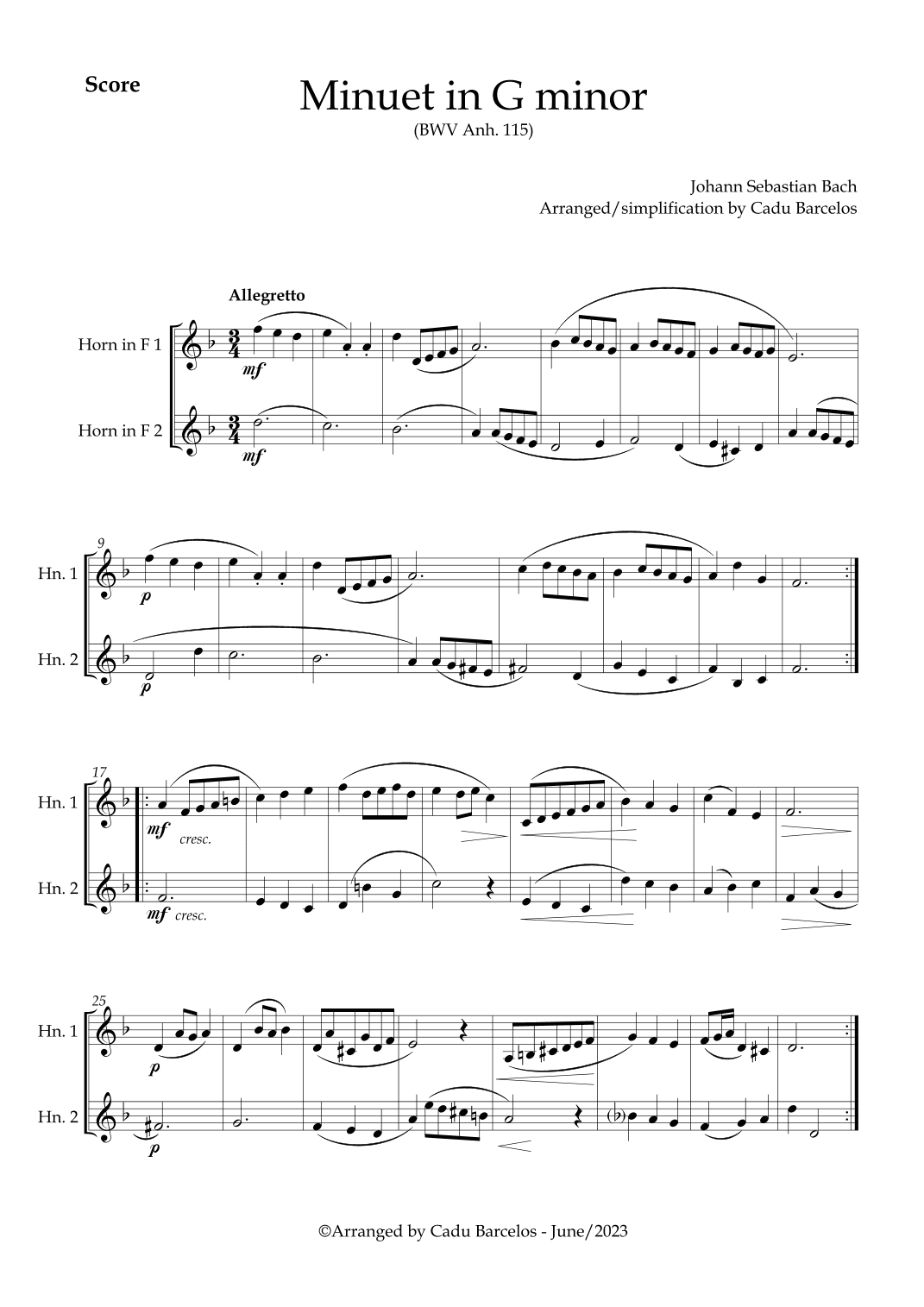 Minuet in G minor BWV anh 115 (Bach) 2 Horns (arr. Cadu Barcelos)