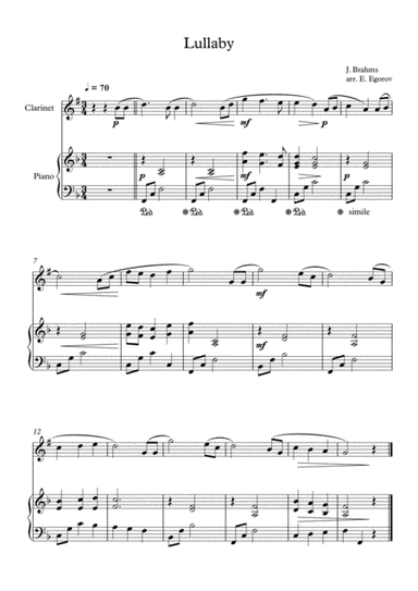 Lullaby, Johannes Brahms, For Clarinet & Piano (arr. Eugene Egorov)