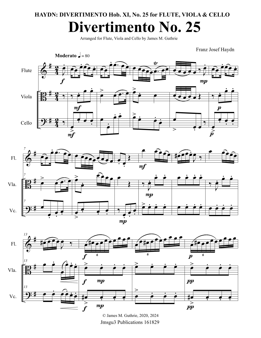 Haydn: Divertimento No. 25 Trio for Flute, Viola & Cello (arr. James M. Guthrie)
