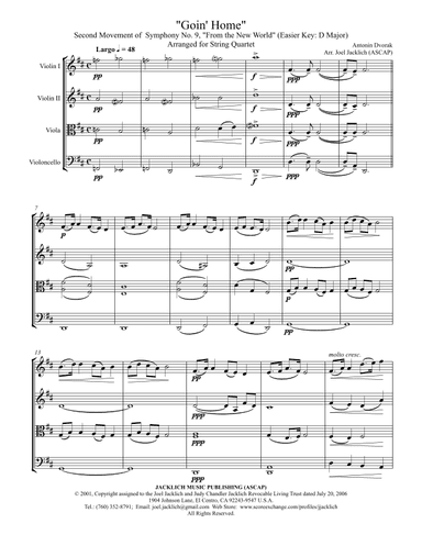 Goin' Home (Complete Second Movement from Dvorak's Symphony 9) for String Quartet (arr. Joel Jacklich (ASCAP))
