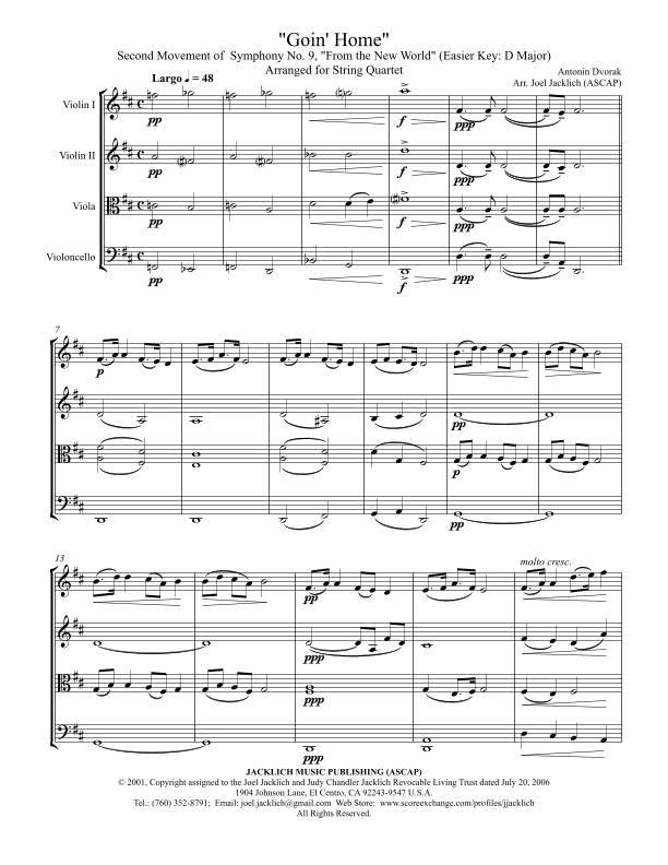 Goin' Home (Complete Second Movement from Dvorak's Symphony 9) for String Quartet (arr. Joel Jacklich (ASCAP))