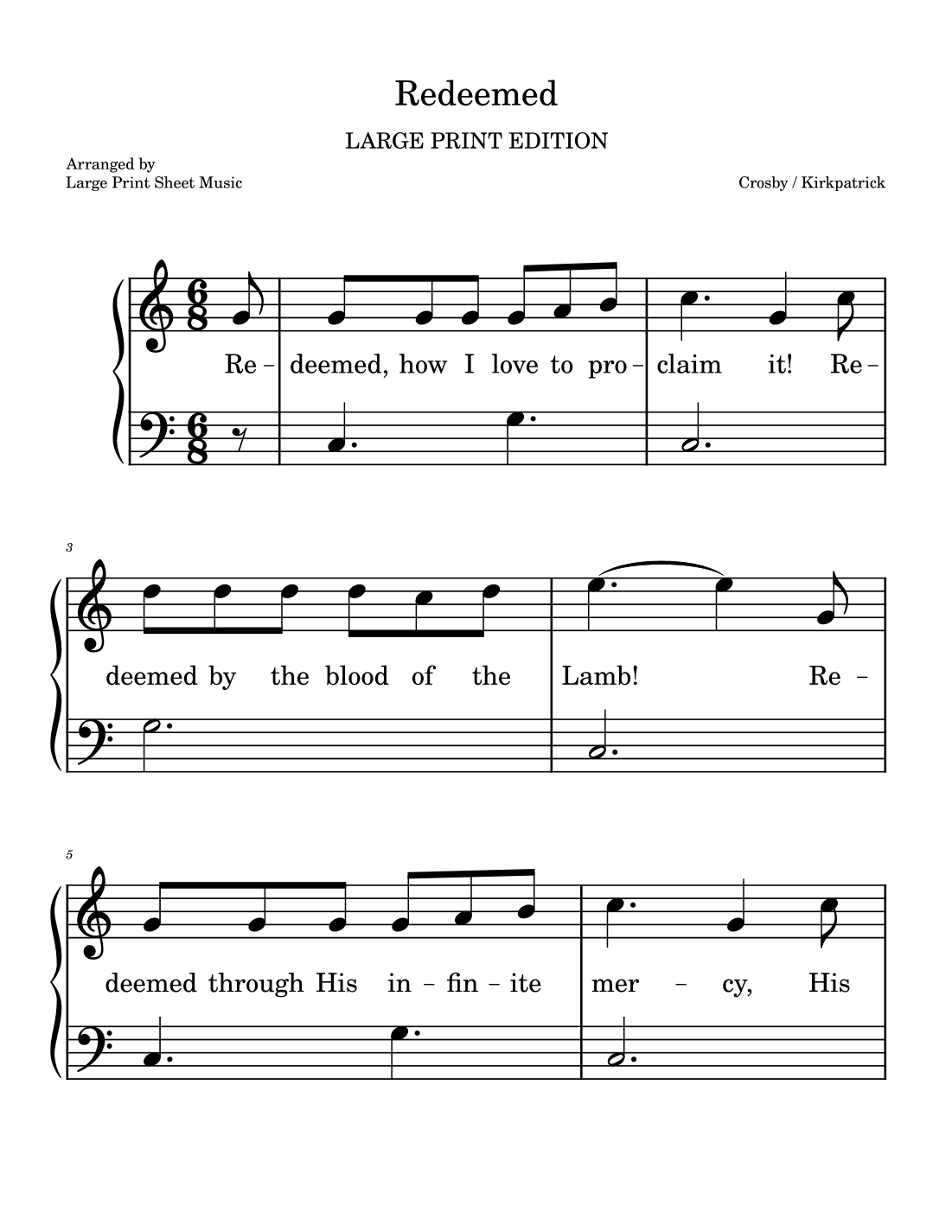 Redeemed, How I Love To Proclaim It LARGE PRINT Easy Piano Solo (arr. Large Print Sheet Music)