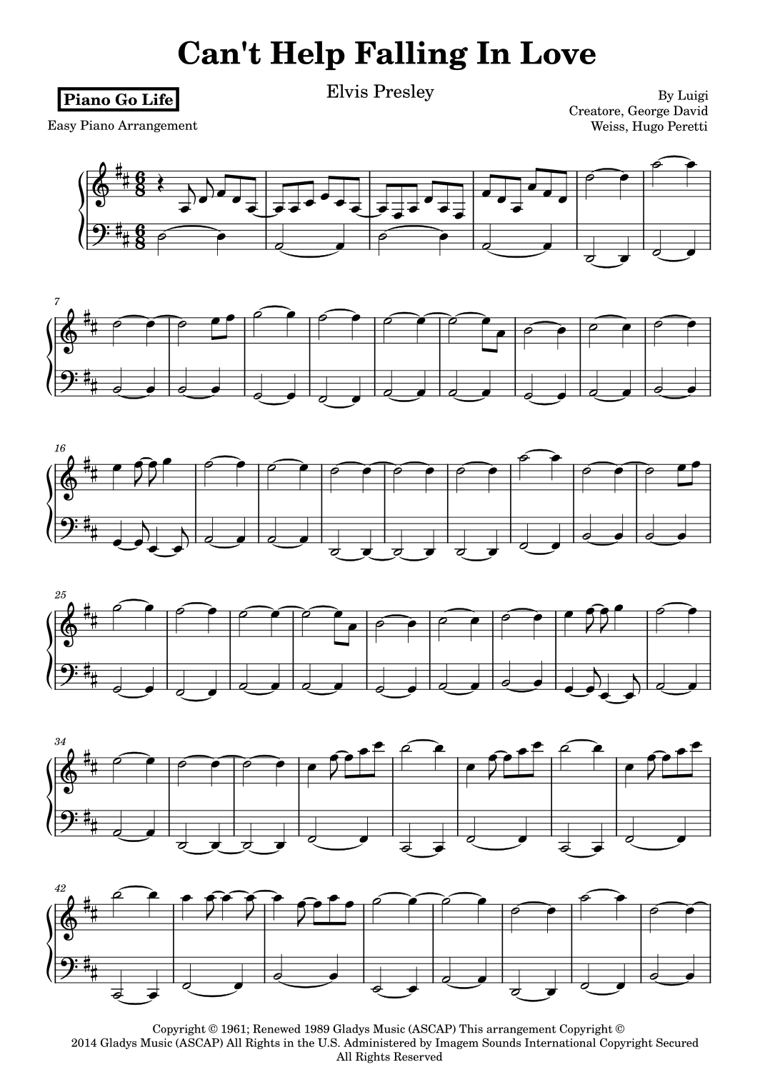 Can't Help Falling In Love (arr. Piano Go Life)