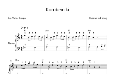 Korobeiniki  (from Tetris) - Easy Piano - fingered with Chord Symbols (arr. Victor Araújo)