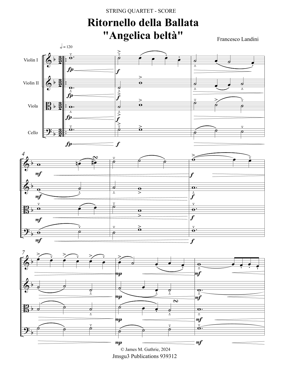 Landini: Ritornello della Ballata "Angelica belta" for String Quartet (arr. James M. Guthrie)