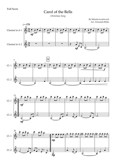 Carol of the Bells in Jazz Version (Christmas Song) for Clarinet in A Duo (arr. Fabio Britto)