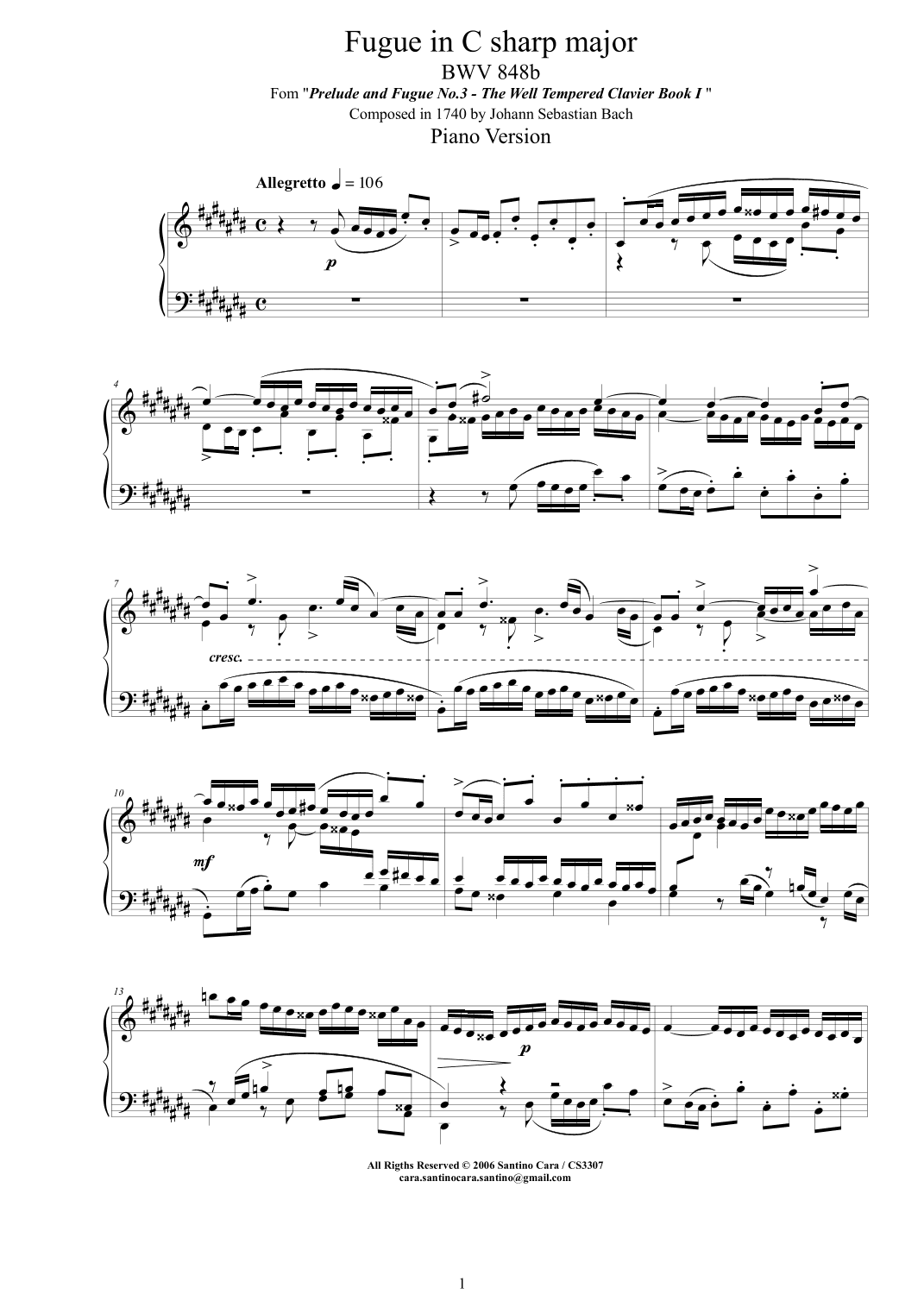 Bach - Fugue in C sharp major BWV 848b - Piano version (arr. Santino Cara)