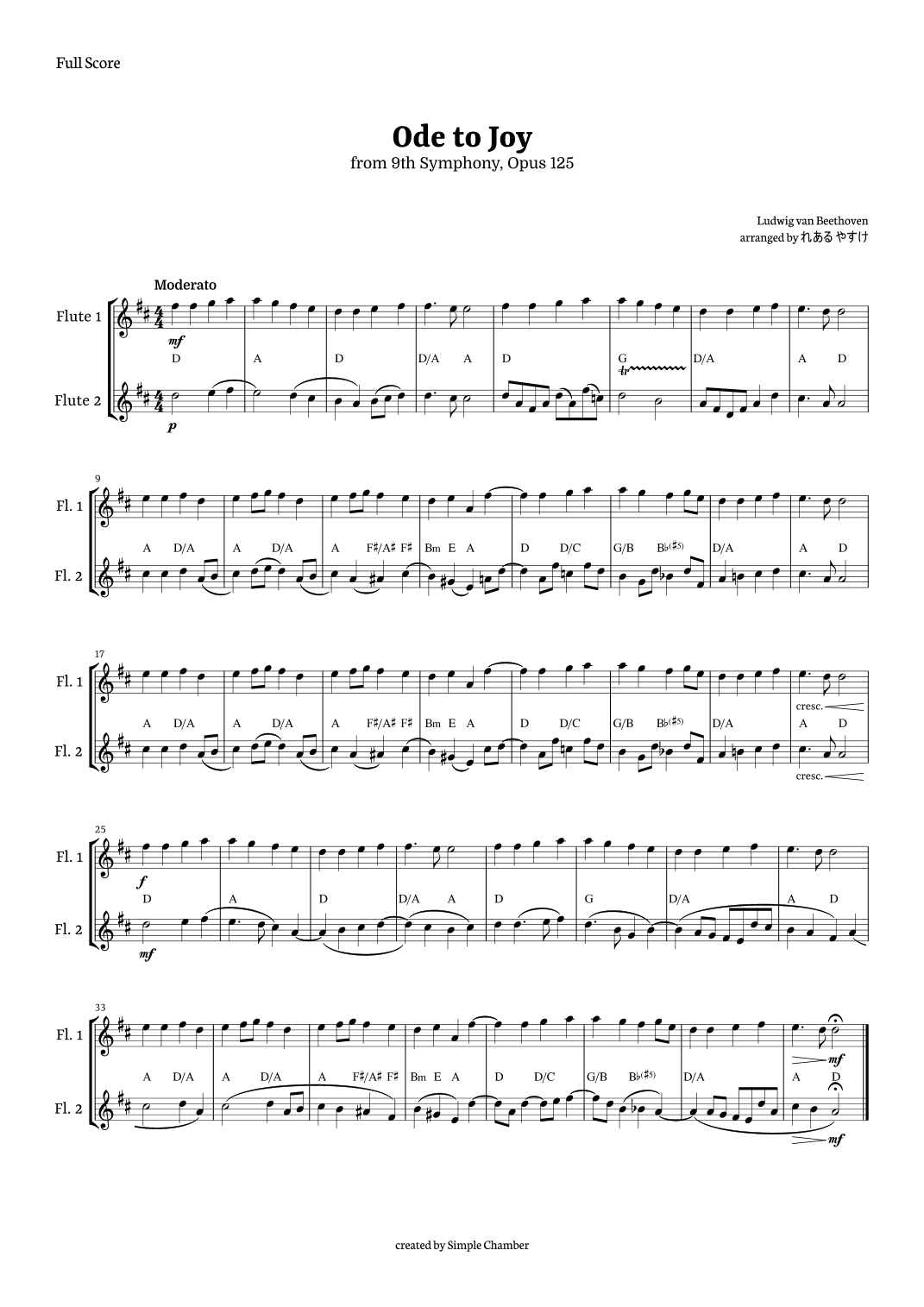 Ode to Joy for Flute Duet by Beethoven Opus 125 (arr. れある やすけ)